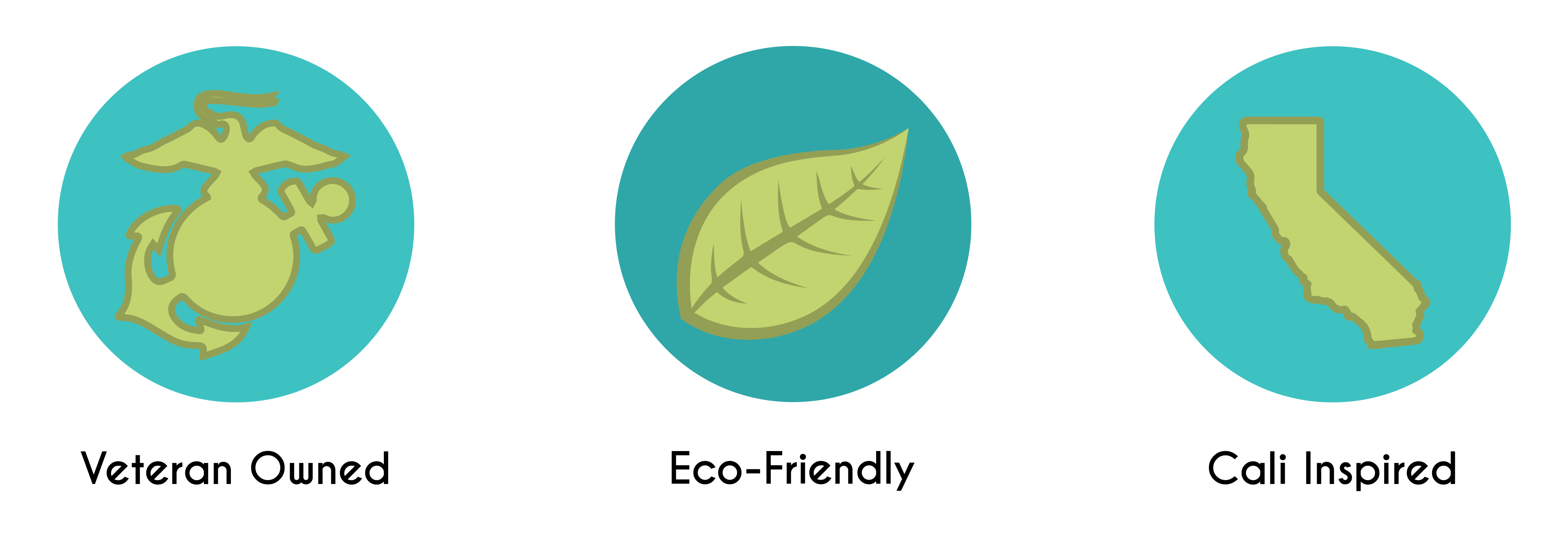 Marine Corps Symbol showing company is veteran owned, a leaf for eco-friendly striving, and the outline of the state of cali for inspiration